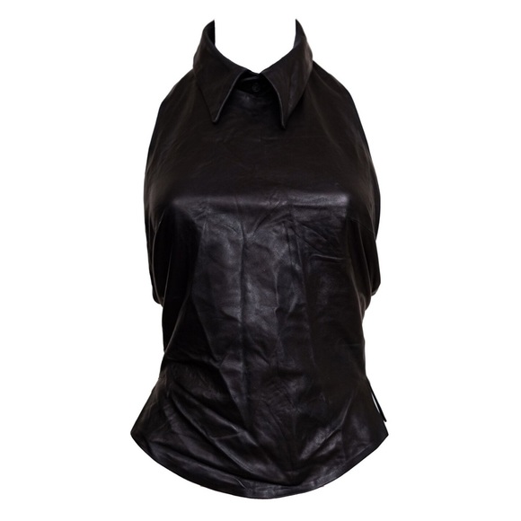 Yves Saint Laurent Tops - Yves Saint Laurent Black Leather Halter-neck Open Back Top